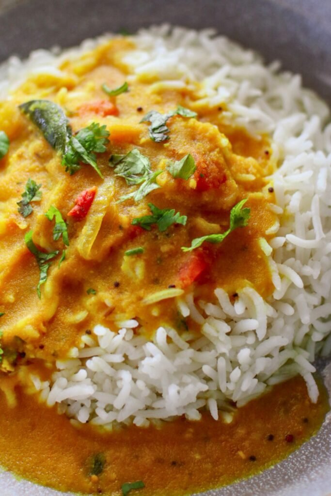 easy durban dhal recipe served with basmati rice and coriander