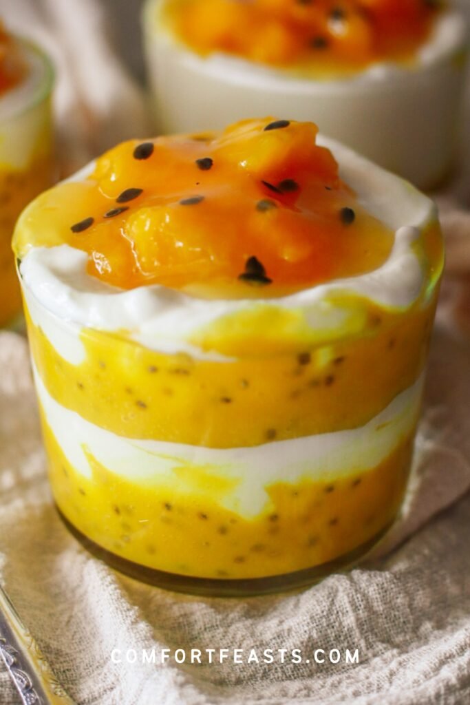 Mango turmeric chia pudding parfait with Greek yogurt and passion fruit