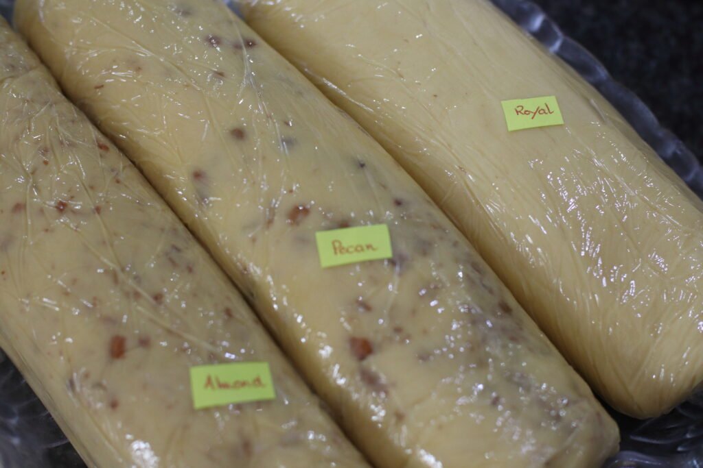Shortbread dough wrapped in plastic wrap ready for freezing