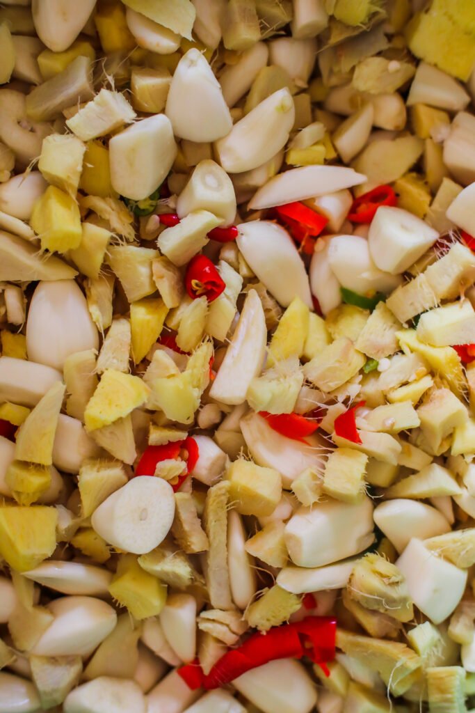 peeled ginger, garlic and chopped fresh chillies prepped for ginger garlic paste
