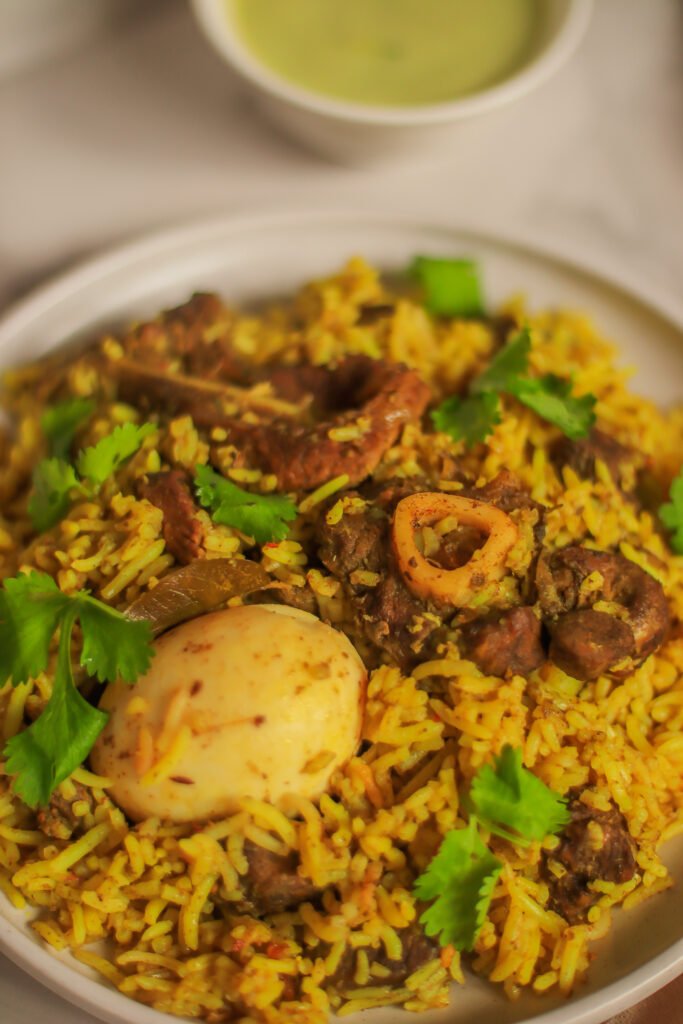 close up of green biryani
